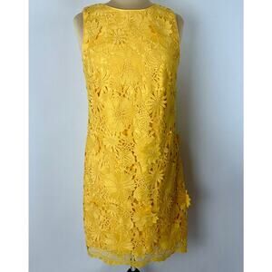 White House Black Market Size 6 Lace Shift Dress Lemon Yellow Floral Applique